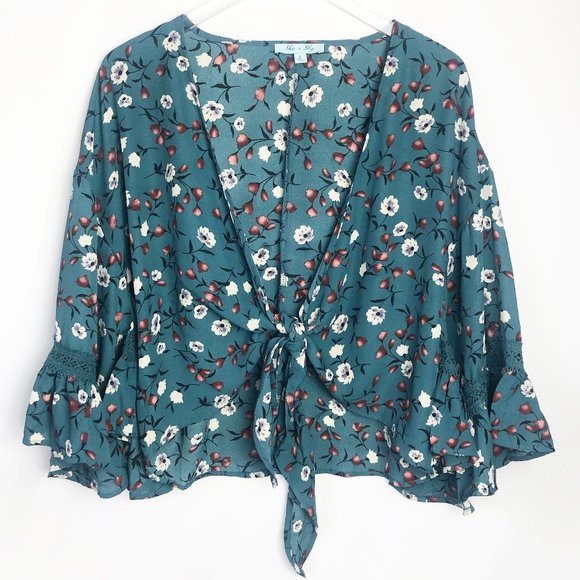 She + Sky Tops - She + Sky | Floral Bell Sleeve w/ Front Tie Top L